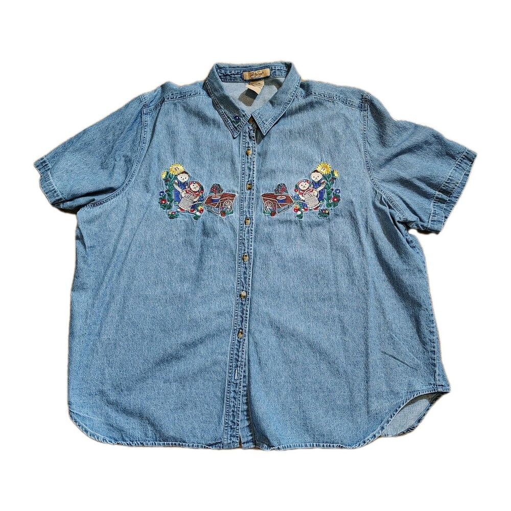Vintage Womens Bear Embroidered Denim Shirt Size 26/28W Blue 90s Grandmacore